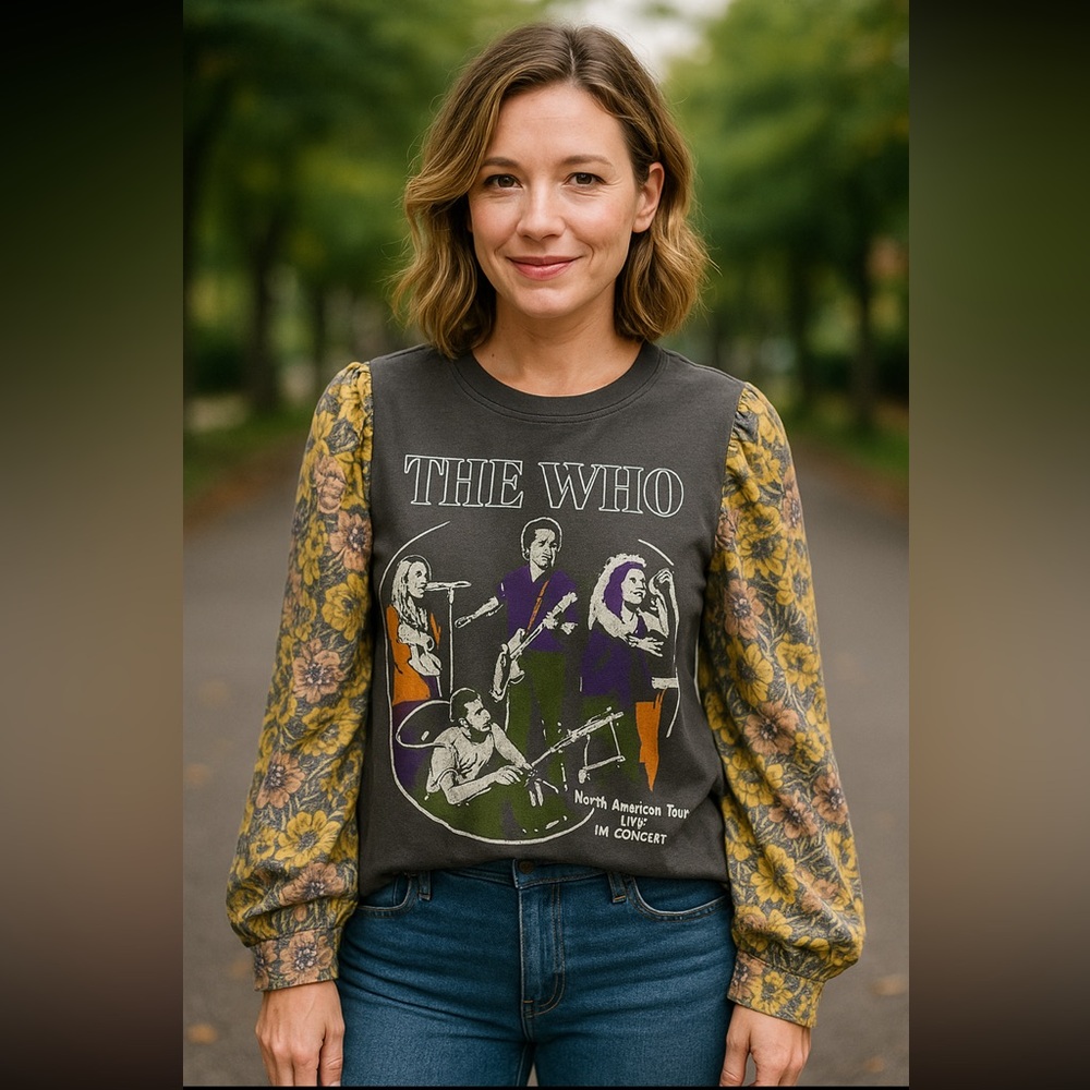 Custom Upcycled The Who Velour Floral Sleeves Graphic Pullover Top Shirt OSFM